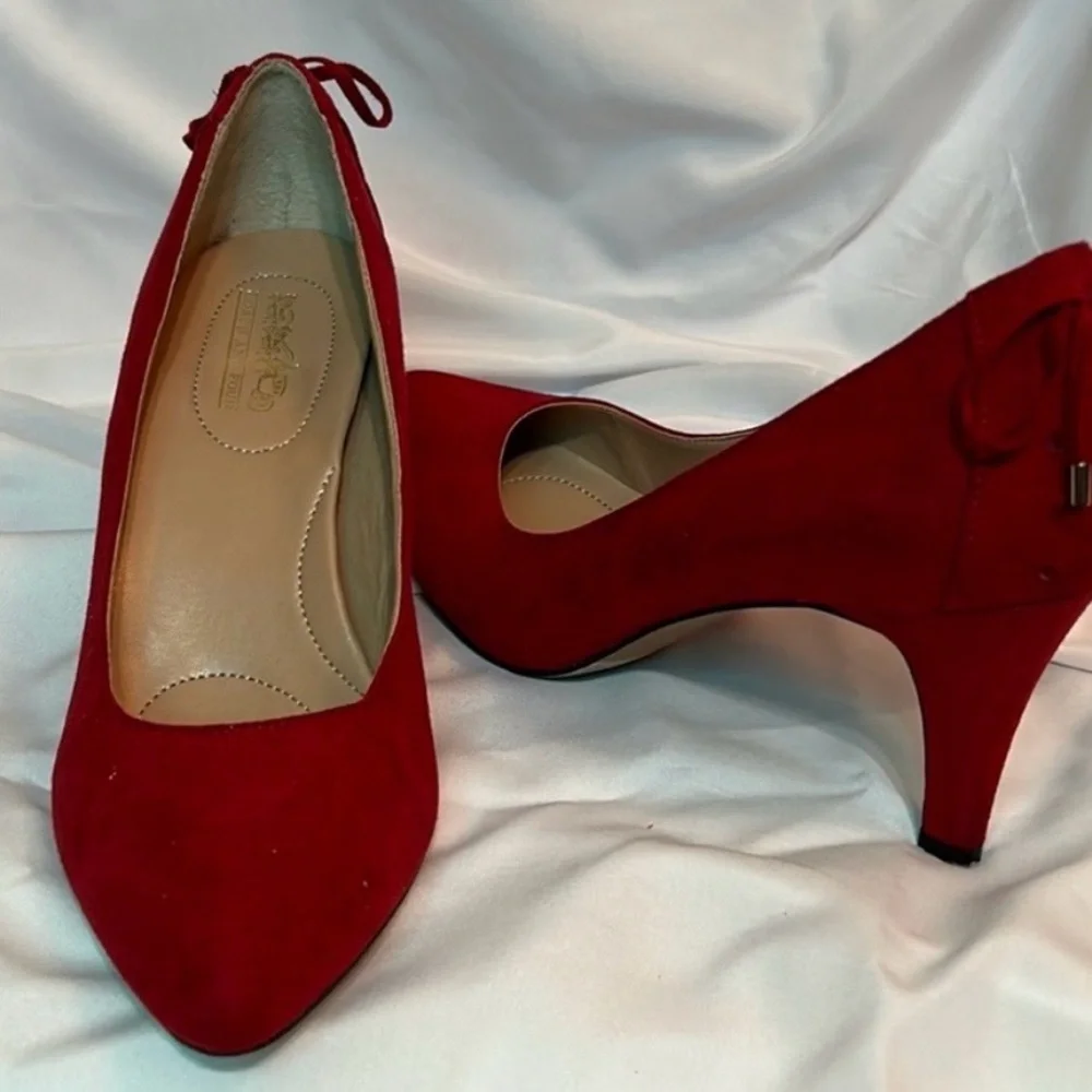 COACH Red Suede 3” Pumps Size 7
Tie-Up Lace Back Side of Heel Silver Finishings - Picture 8 of 14